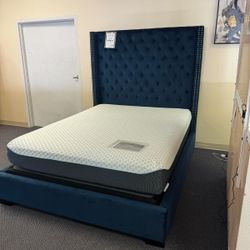 Blue/Black/Gray Upholstered Velvet Bed Frame Queen or King Bed Coralayne