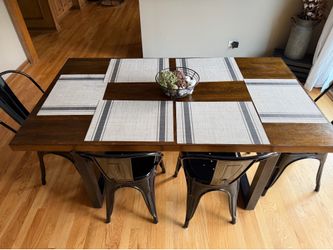 Farmhouse Kitchen Table with 4 Metal Chairs & Be ch