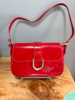 Red Patent Leather Shoulder Bag with Gold Tone Buckle Closure, Y2K Aesthetic