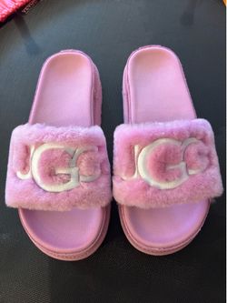 UGG Maxi Slides Platform Pink Furry Logo Sandals Womens 9 Excellent