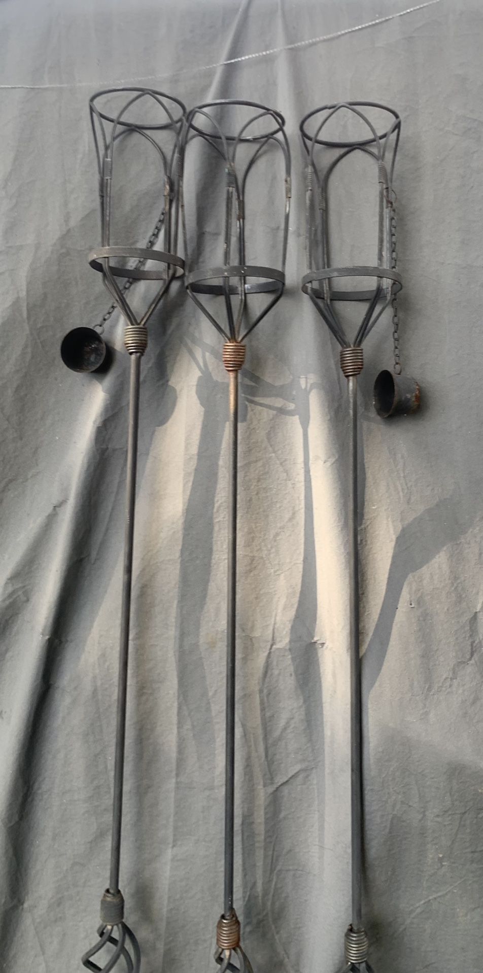 3 metal Tiki Torch holders 1 is missing cap 