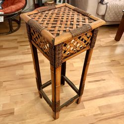 Vintage MCM Rattan Plant Stand Woven Wicker Pedestal
