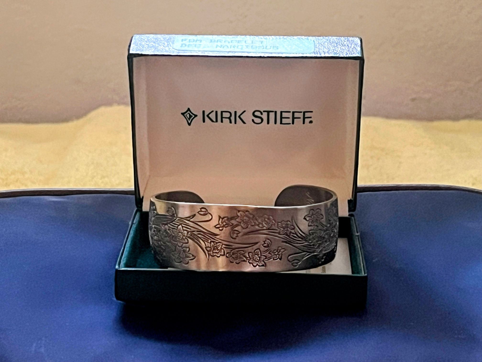 KIRK STIEFF Pewter Cuff Bracelet 2-1/2" Across Floral Design