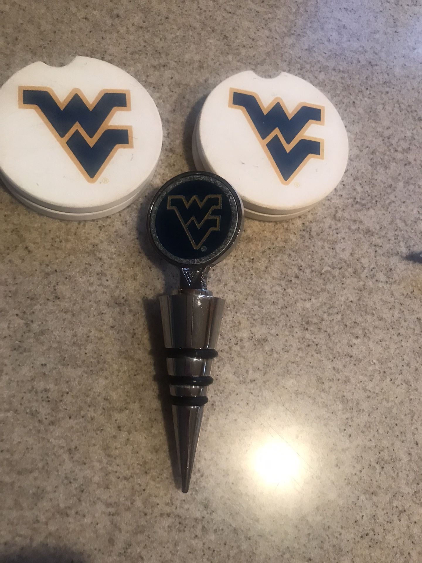 West Virginia wine stopper and four car coasters