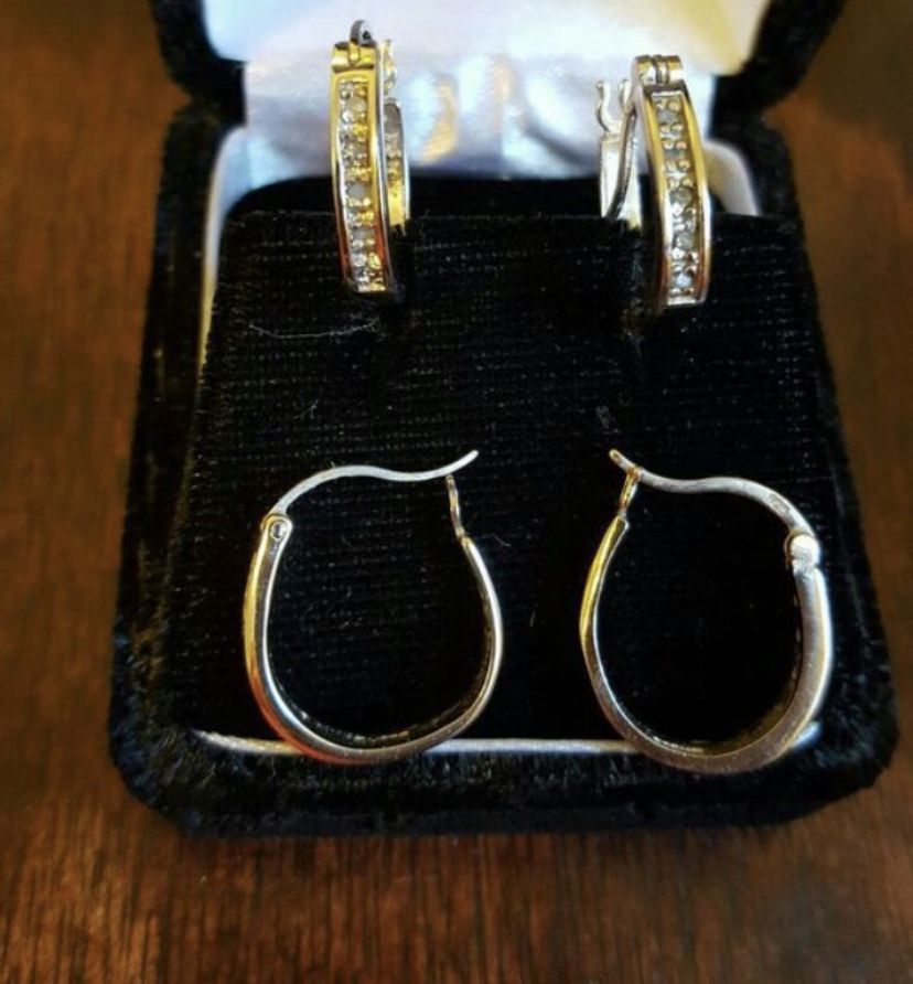 .925 Diamond Hoop Earrings- 2 Pair