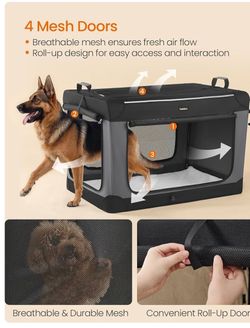 Dog Crate, Portable Oxford Fabric Pet Carrier, 42-Inch For Extra Large Dogs, 4 Mesh Doors, Handles, Storage Pocket, Water Bottle Holder, Ink Black BAX