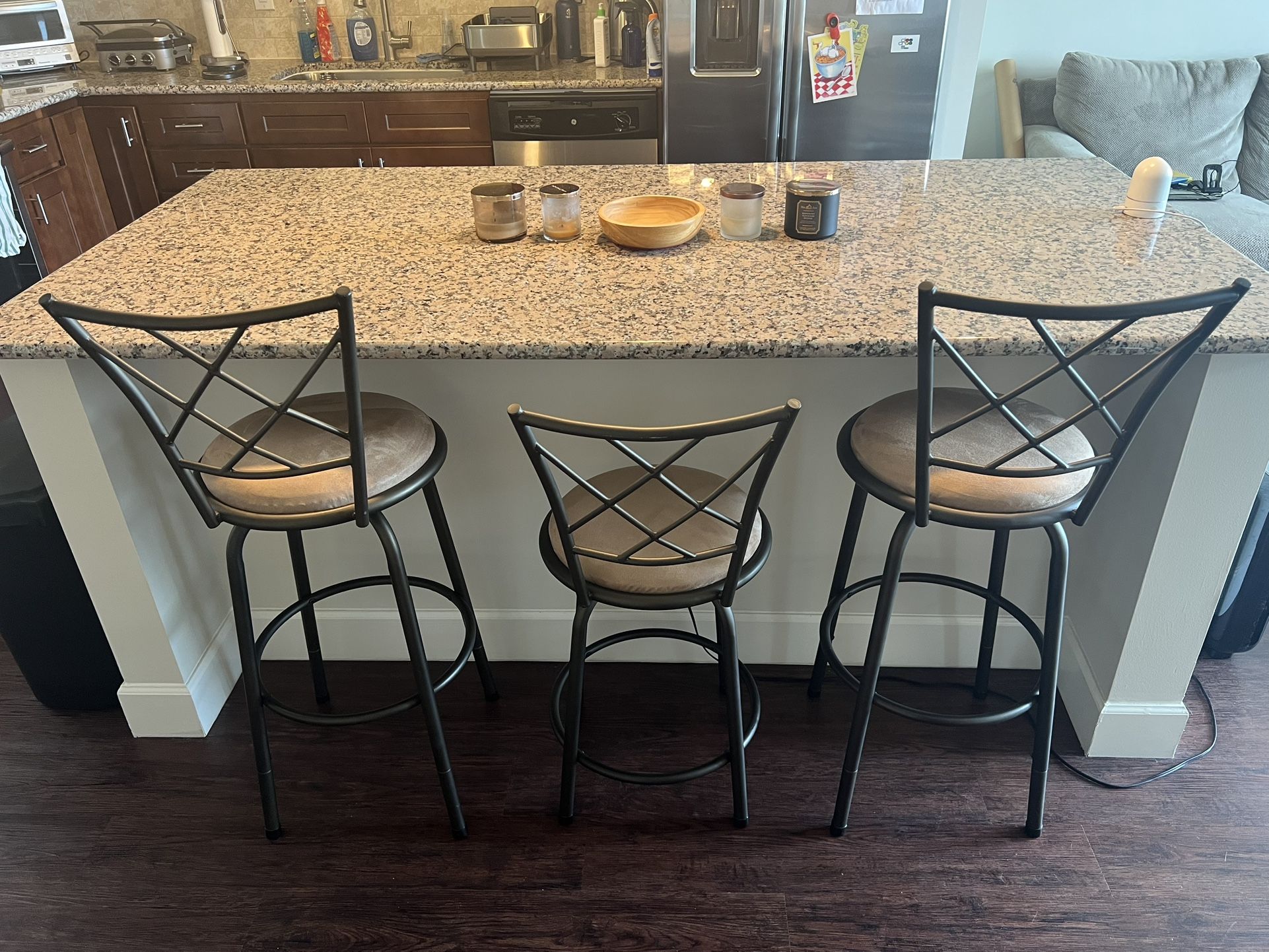 Three Barstools. Swivel And Adjustable Height.