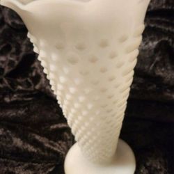 White Anchor Hocking Milk Glass Hobnail Ruffle Edge - Tall Vase - 9.5" tall