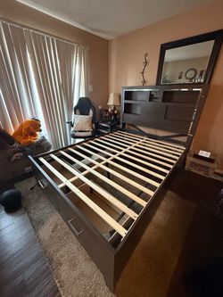 Dark Brown Queen Bed Frame with Storage Drawers