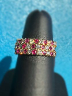 14k yellow gold Pave 0.3CTW Natural Diamond & 0.2CTW Ruby 3 row anniversary band ring sz6