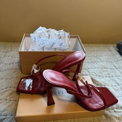 Simmi London: Dark Red Patent Flared Heels