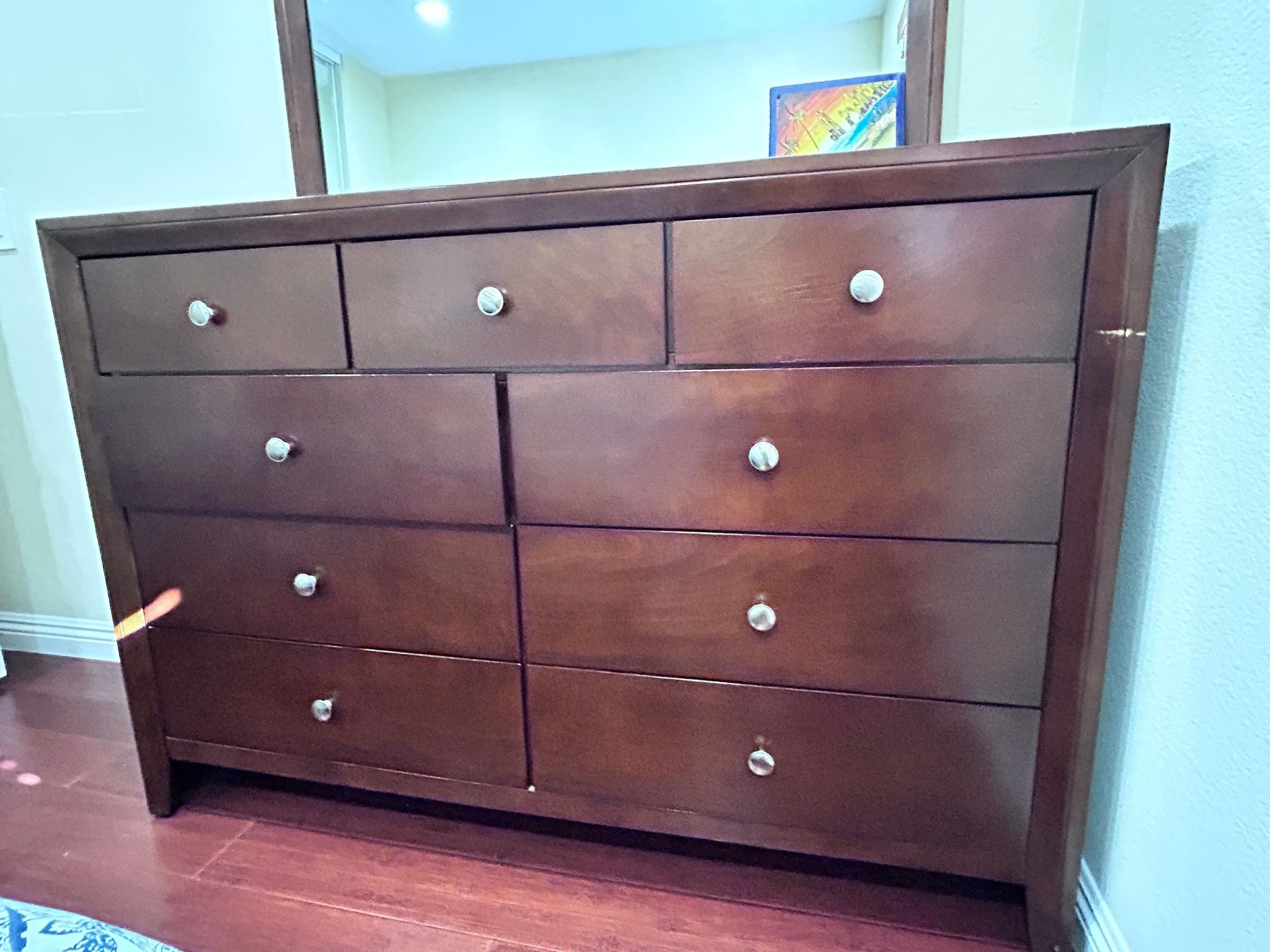 Beautiful Cherry/Mahogany Dresser with 9 Drawers and Matching Mirror