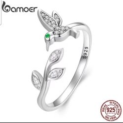 925 Sterling Silver Hummingbird  + Flower  Adjustable Ring