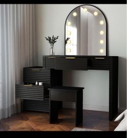Black Vanity Desk with LED Mirror & Stool - Brand New in Box