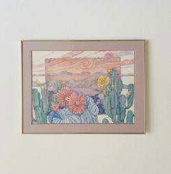 P. Brent 1989 Desert Cactus Landscape Framed With Glass  Art. 
Size: 40.5" X 28.5".