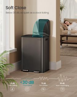 Trash Can, 2 X 8 Gallon (2 X 30 L) Dual-Compartment Garbage Can with Soft-Close Lid, Pedal and Inner Buckets, Stainless Steel, Includes 15 Liner Bags,