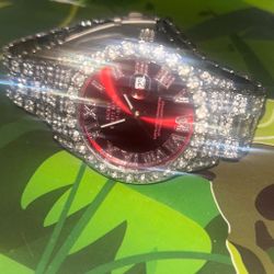 Iced Out Quartz Watch Red Dial