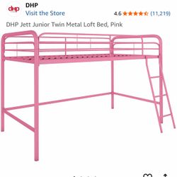 Pink metal twin loft frame and mattress