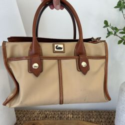 Dooney & Bourke Beige Brown Nylon Satchel Gold Hardware Medium Leather Purse Handbag Duck Logo Bag 