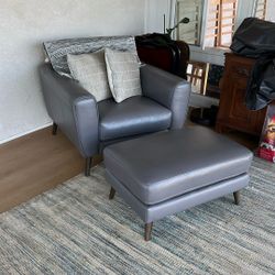 Grey Leather Chair W/ Ottoman
