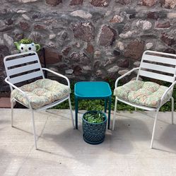 Patio Set Two Comfortable Metal Chairs With Thick Cushions And A Metal With Tempered Glass Table $89