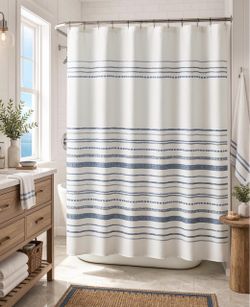 NEW White and Blue Striped Shower Curtain w/ Hooks