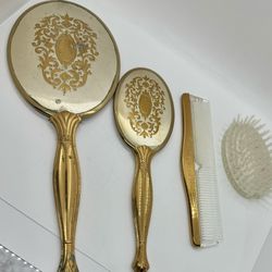 Vintage USA Hand Mirror 13" Long, Brush 10” and Comb 8” all Golden Color 4 Items