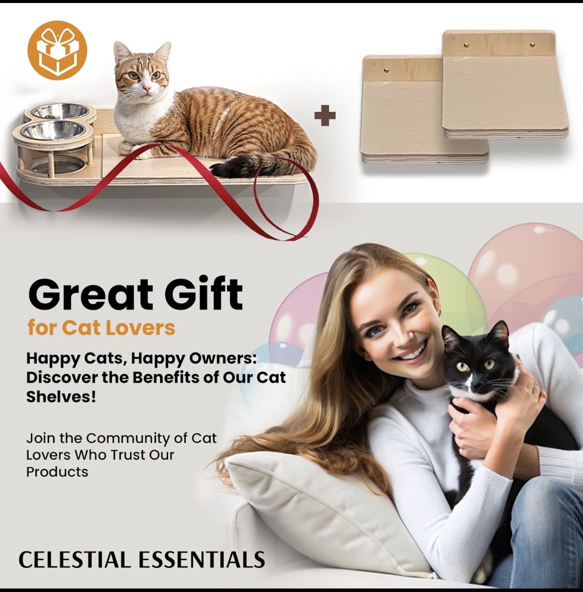 Cat Wall Shelves with Food & Water Bowl – Set of 3