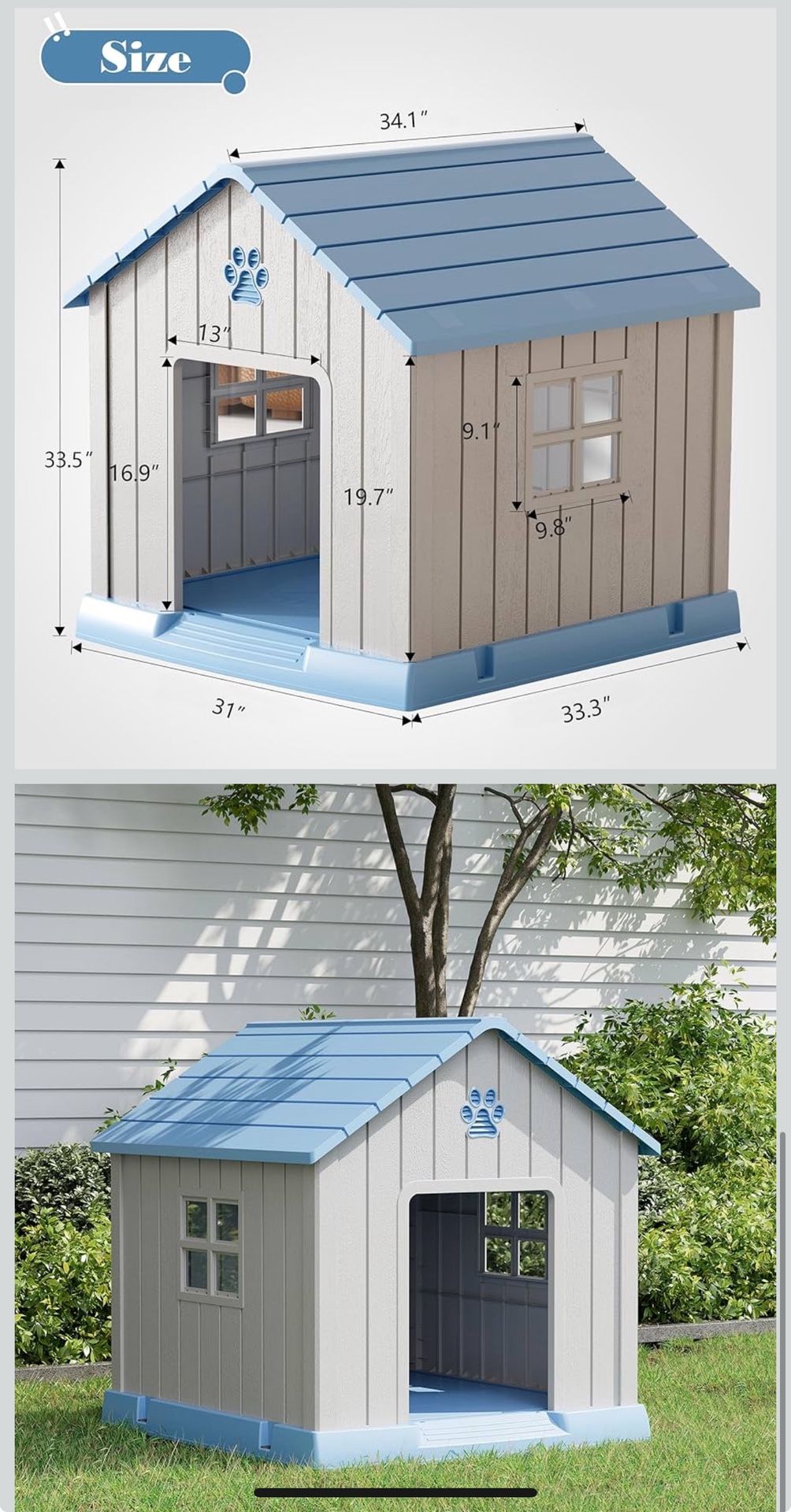 Durable Plastic Waterproof Doghouse with Air Vents and Elevated Floor, Easy Clean and Assemble (Blue, 31" L x 33.3" W x 33.5" H)