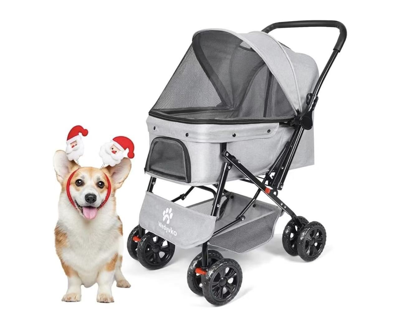 4 Wheels Medium Size 50lb Foldable Pet Strollers with Storage Basket, Cup Holder and Security Leashes(Gray)