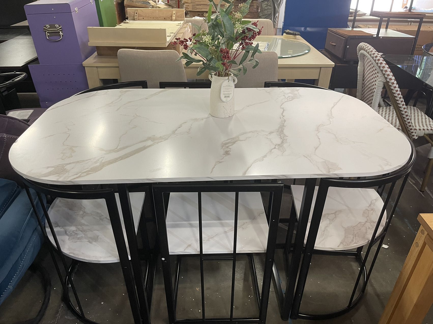 7-Piece Dining Table Set with Metal Frame and Faux Marble Desktop, Compact Kitchen Table Set Furniture with Triangular Chair and Adjustable Feet for 6