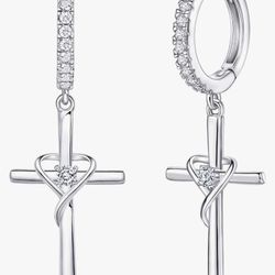 Silver Heart Cross Earrings $25