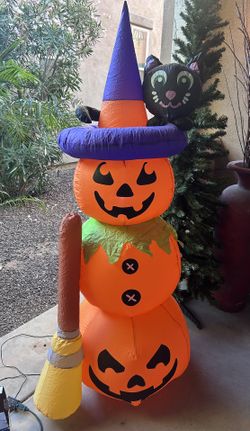 RETIRED -Hard to Find-Airblown Inflatable Pumpkin Stack with Witch Hat and Cat Halloween GEMMY 5.5ft