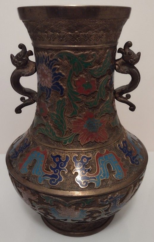 Vintage Japanese Brass & Enamel Vase