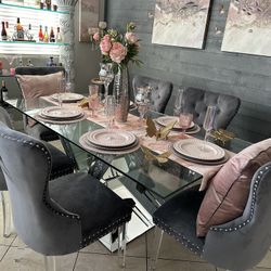 Glass Dining Table With 6 Gray Chairs 