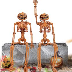 Halloween Pumpkin Skeleton Decorations with Posable Joints Skeletons for Halloween Party Haunted House Props Decorations, 2 Packs