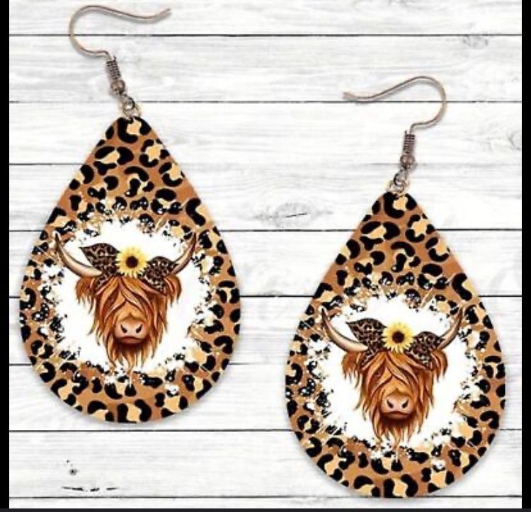 Brown Animal Print Highland Cow Sunflower Leopard Faux Leather Dangle Earrings- Silver