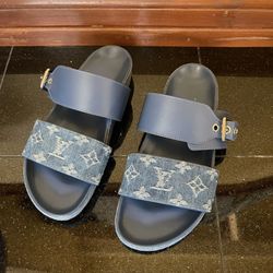 Authentic Louis Vuitton Bom Dia Mule Sandals Denim Size 38