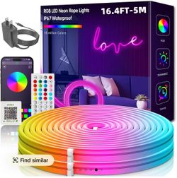 16.4ft LED Neon Strip Lights with Remote APP Control IP67 Waterproof 24V RGB LED Lights For Bedroom Indoors Outdoors Decor