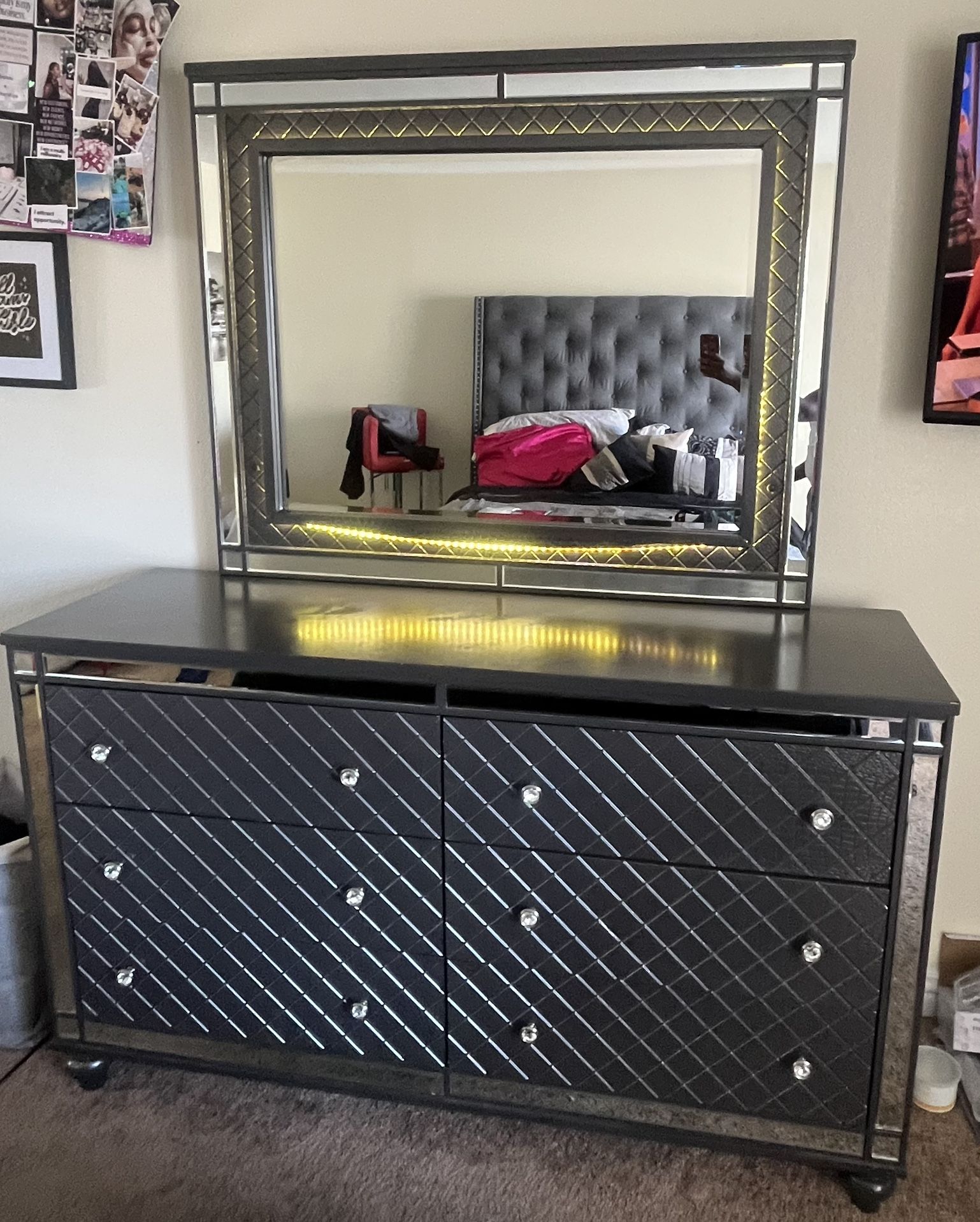 Grey Dresser with attached Mirror And lights 