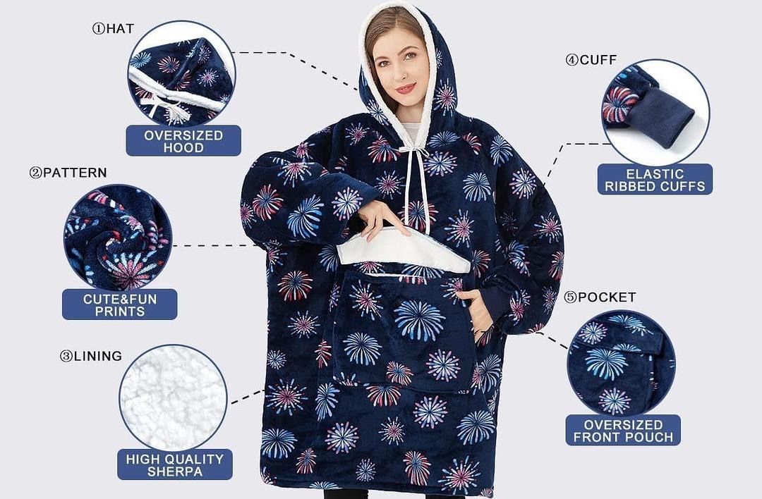 Oversized Wearable Blanket Hoodie, Comfy Sherpa Sweatshirt Pullover Jacket (Large Pocket, Blue Fireworks, Adult)