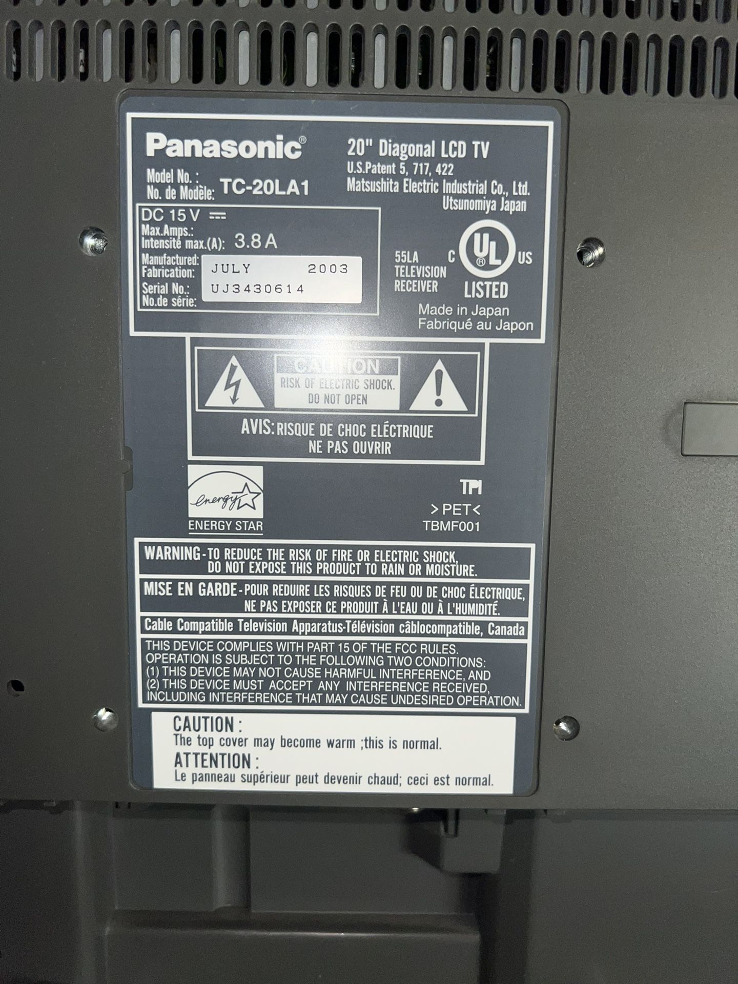 Panasonic 20” Diagonal LCD TV Model TC-20LA1 for Sale in Indio, CA