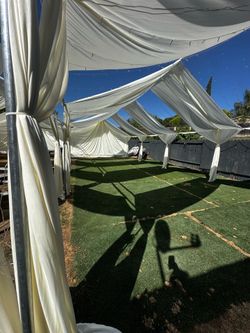 Tent, draping, tables, chair, Resin chair