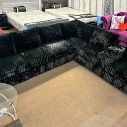 Black Jumbo corduroy sectional sofa with Console