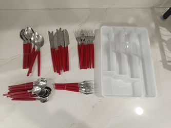 24-Piece Red Handle Flatware Set with Organizer Tray