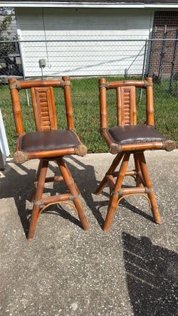 5 of Rattan Bamboo Swivel Bar Stools