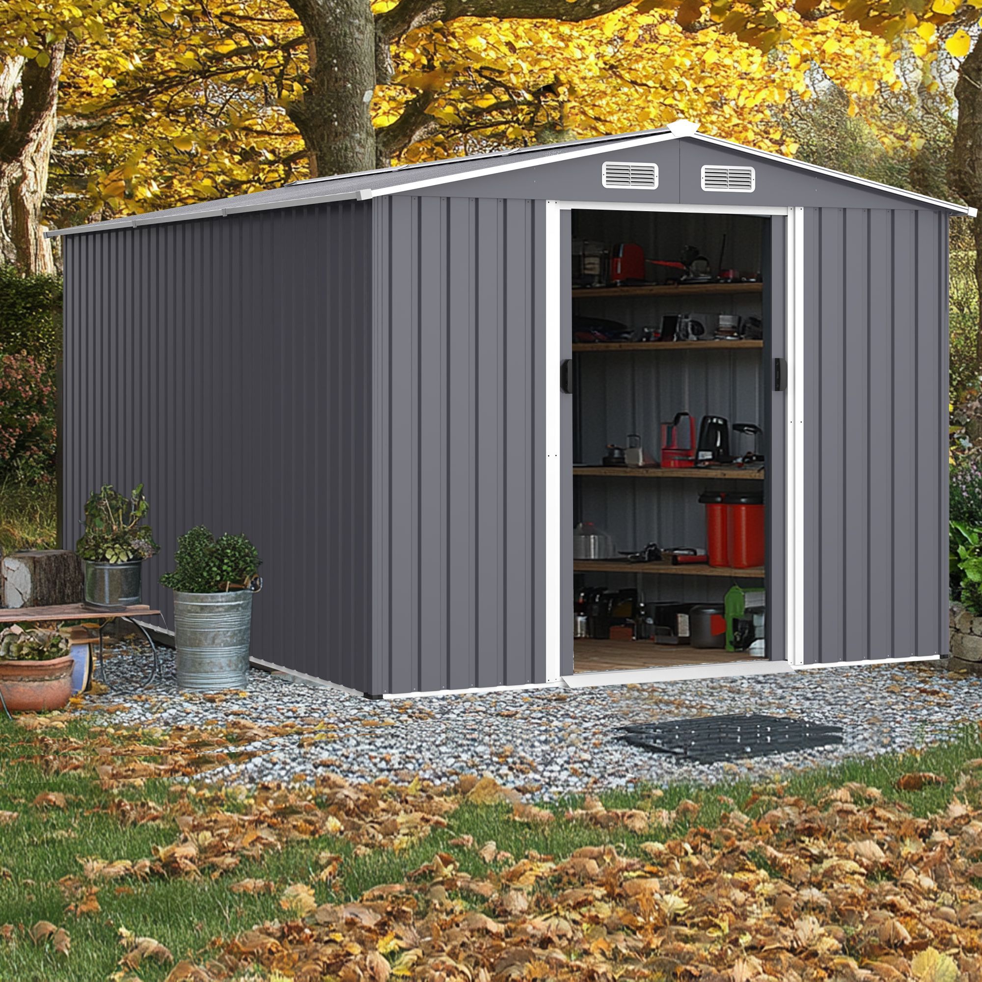 Outdoor Storage Shed 8 x 12 FT Large Metal Tool Sheds, Heavy Duty Storage House with Sliding Doors with Air Vent for Backyard Patio Lawn to Store Bike
