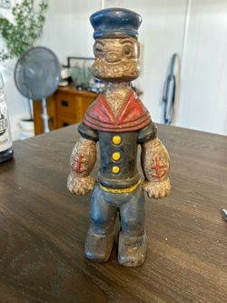 Vintage Cast Iron Popeye Coin Bank – 8.5” Tall