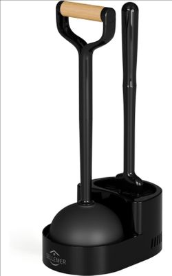 Toilet Brush and Plunger Set, Curved Design Head for Deep Cleaning, Heavy Duty Toilet Bowl Brush and Plunger Combo with Holder for Bathroom Cleaning, 