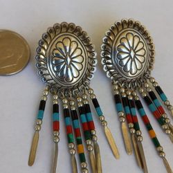 Southwestern Tribal Sterling Silver Multi- Stone Fringe  Dangle Drop Concho Pierced Earrings